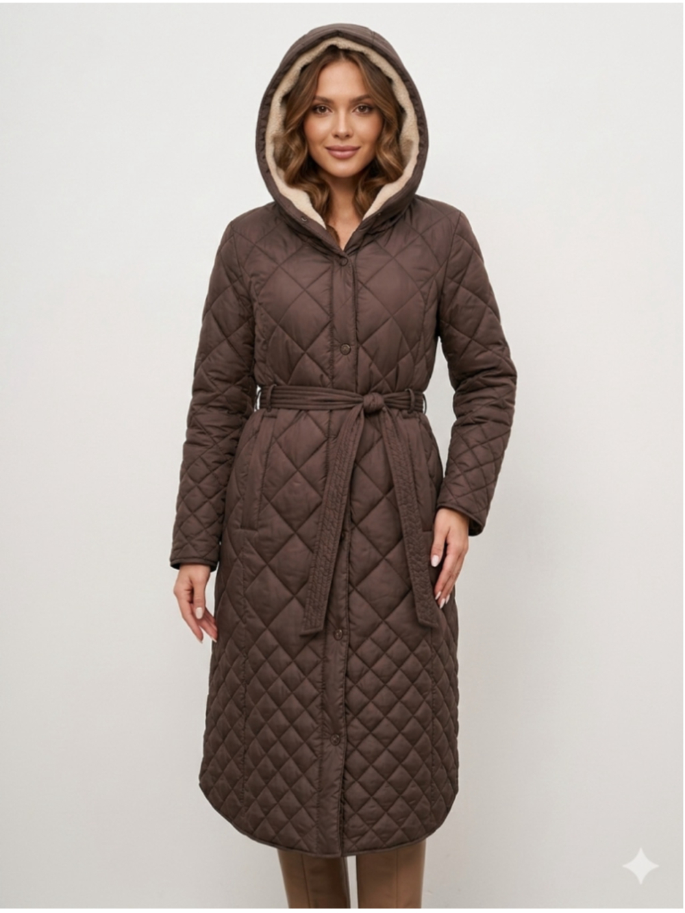 Kenneth Cole Brown Diamond Quilted Long Puffer Coat Belted Sherpa Hood